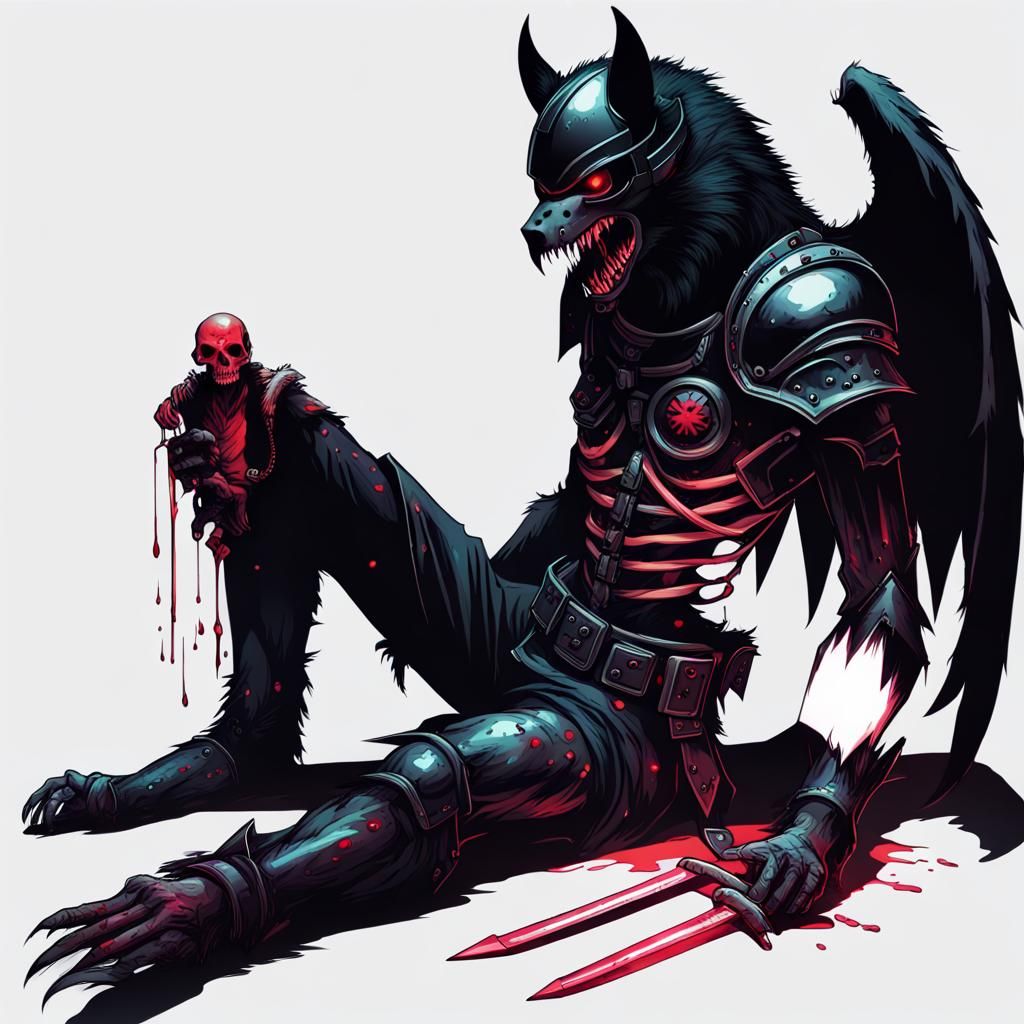 Dead body at the legs of a white bloody werewolf, werewolf i...