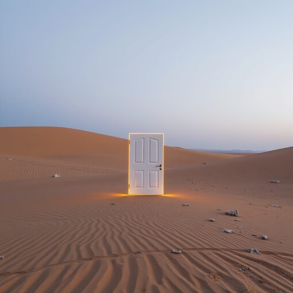 A glowing door standing alone in the middle of the desert  by @Hyperion