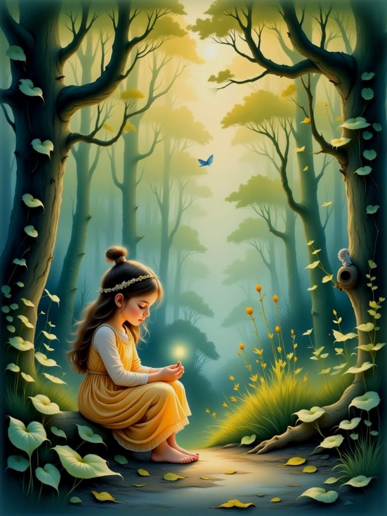 <lora:Etherealisim:1.0> Moomin-inspired storybook art. Medium shot. A young girl sitting at the edge of a forest, looking at a small, glowin...