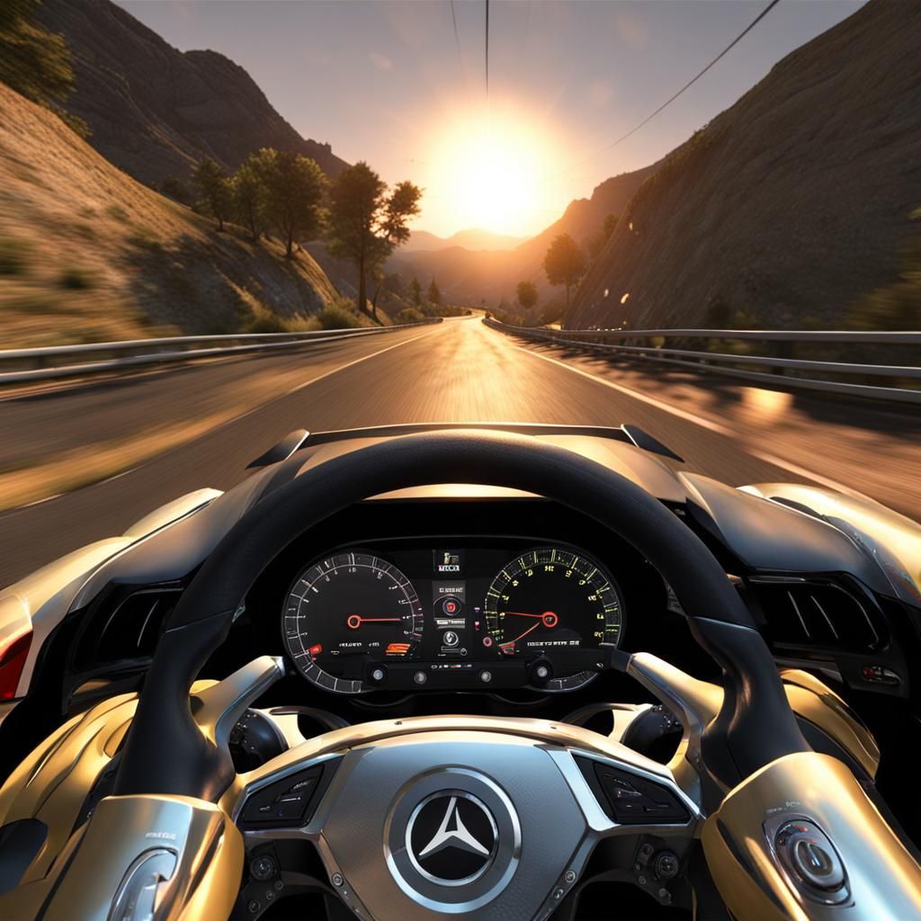 First person drivers view gran turismo, sunset road