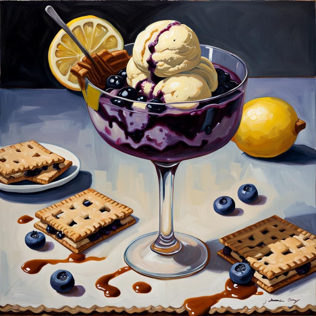 Lemon ice cream with blueberry pie filling, cookie dough, gr...