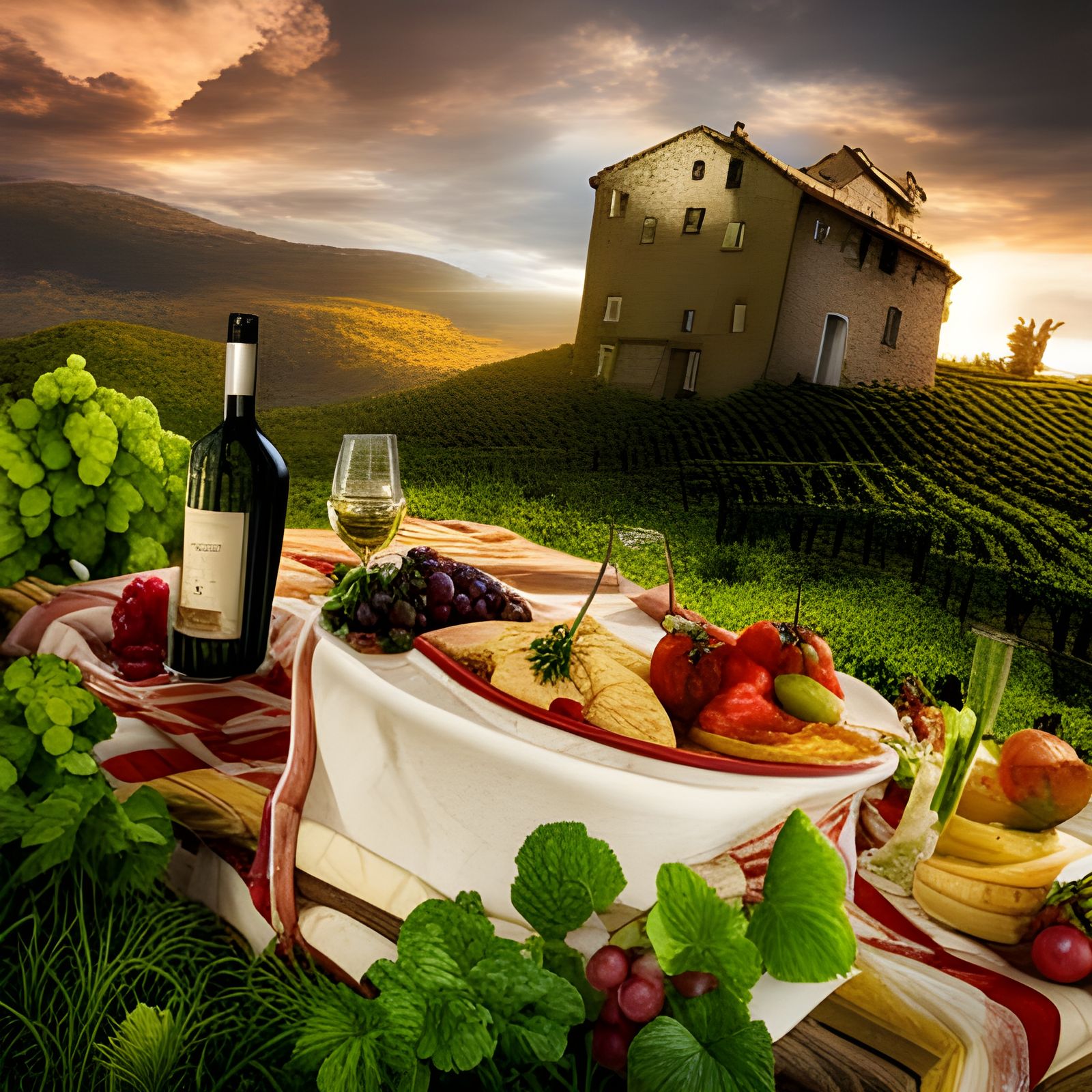 a wine vineyard on hillside, picnic blanket with two glasses of wine ...