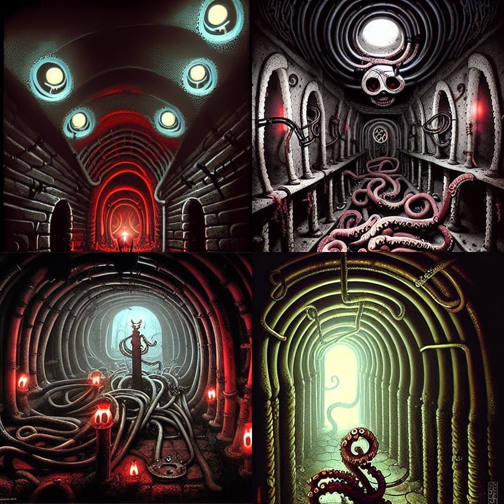 creepy catacomb with tentacles and pipes and red lights intr...