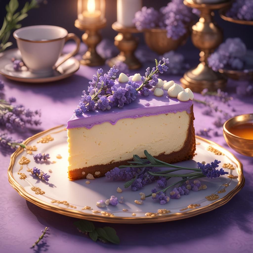 honey lavender cheesecake, rococo food, 3D Game Cinematic Feel, Epic 3D Videogame Graphics, Intricately ...  by @Toni-chan