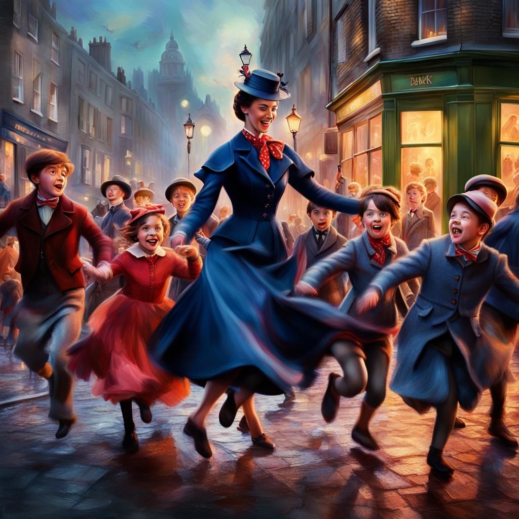 Mary Poppins dancing in the streets of London with the Banks...
