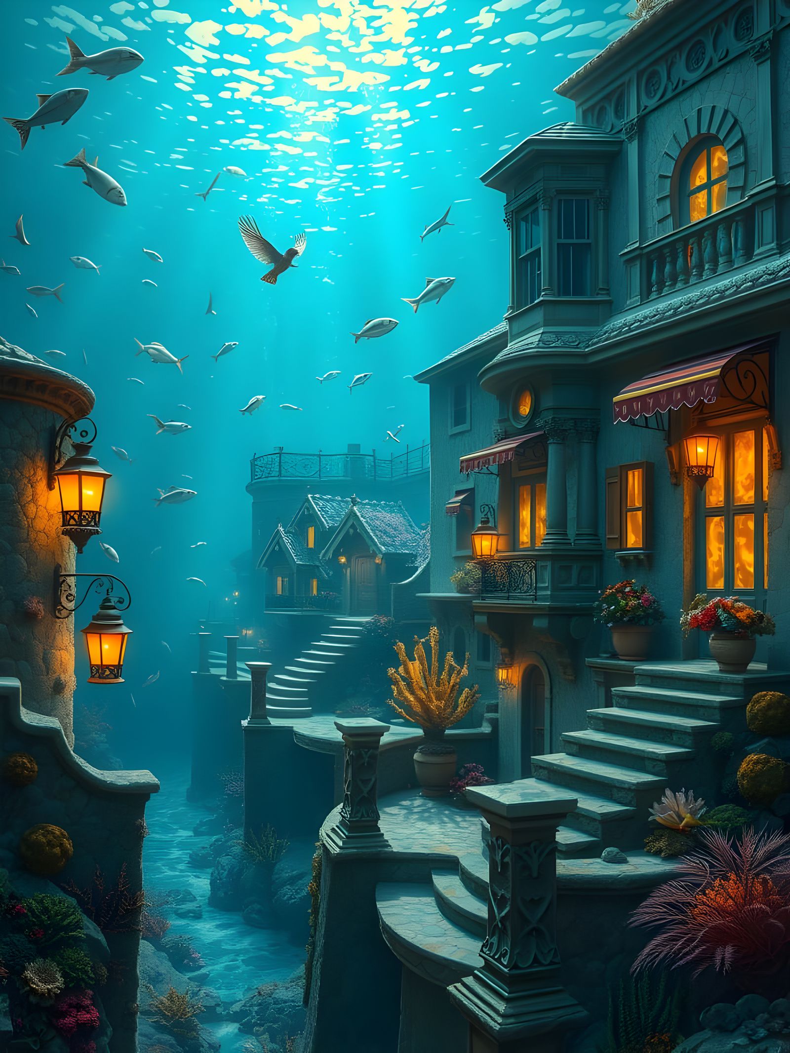 Surreal image Luminous underwater neighbourhood built in coral reefs in Canalleto genre  by @AlexVf 
