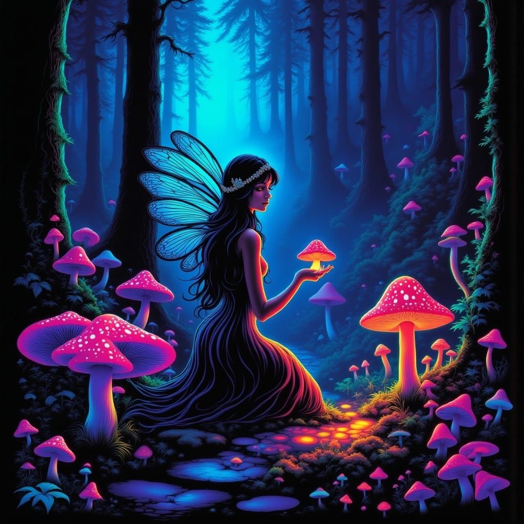 A fairy in an enchanted bioluminescent mushroom forest. <lora:Vintage Blacklight:1.0> 