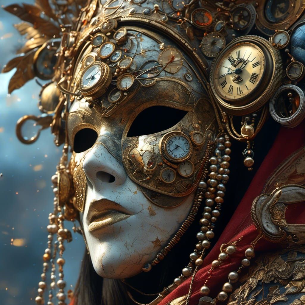 <lora:MJ6 Masks:1.0> Timeless Traveler: A mask adorned with clocks and hourglasses, symbolizing the passage of time and the inevitability o...