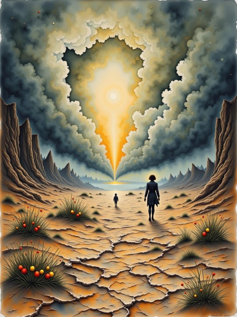 Alien Landscape with Figure and Portal in Watercolor Style