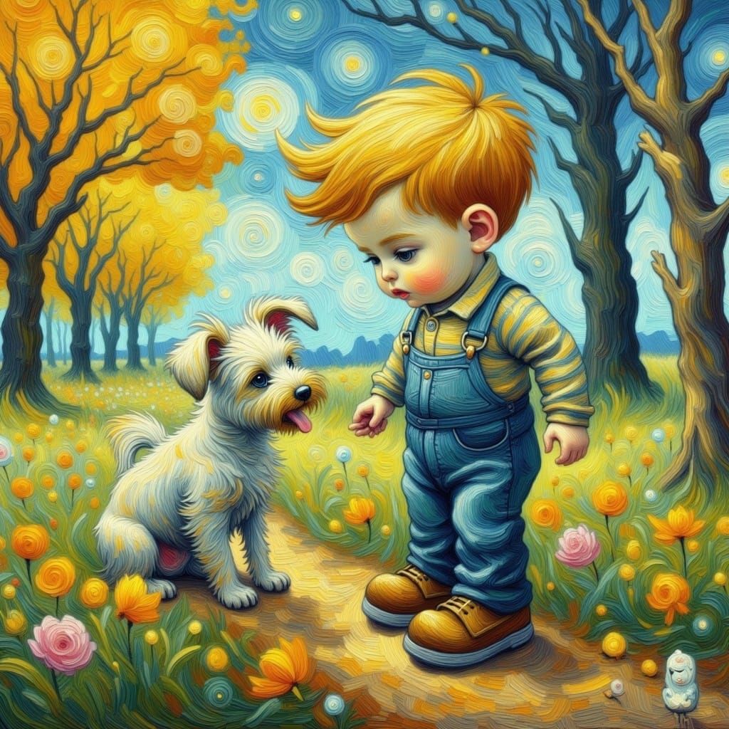 <lora:ImpastoOil Influence:1.0> cute adorable little boy and his puppy in a park gurney goth Van Gogh 