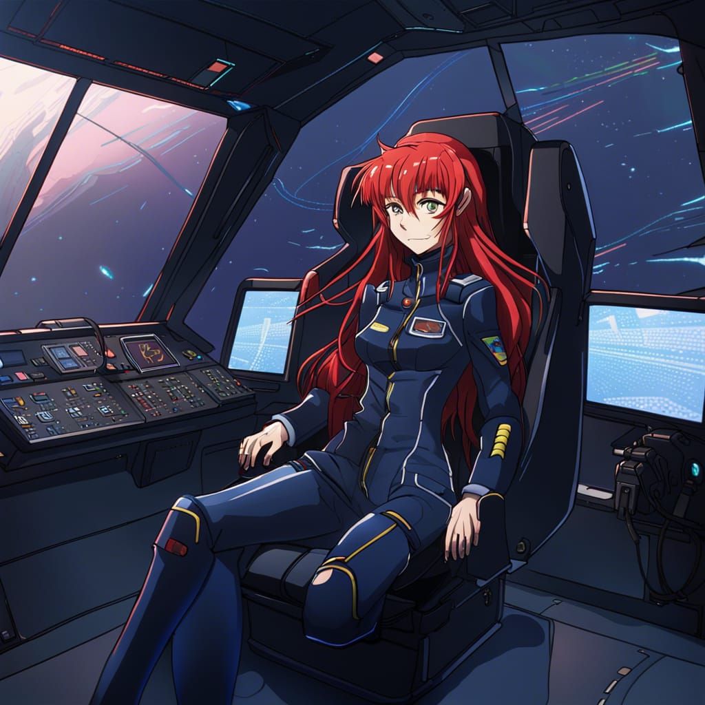 A Female pilot in a black and blue flight suit, full body, red long ...