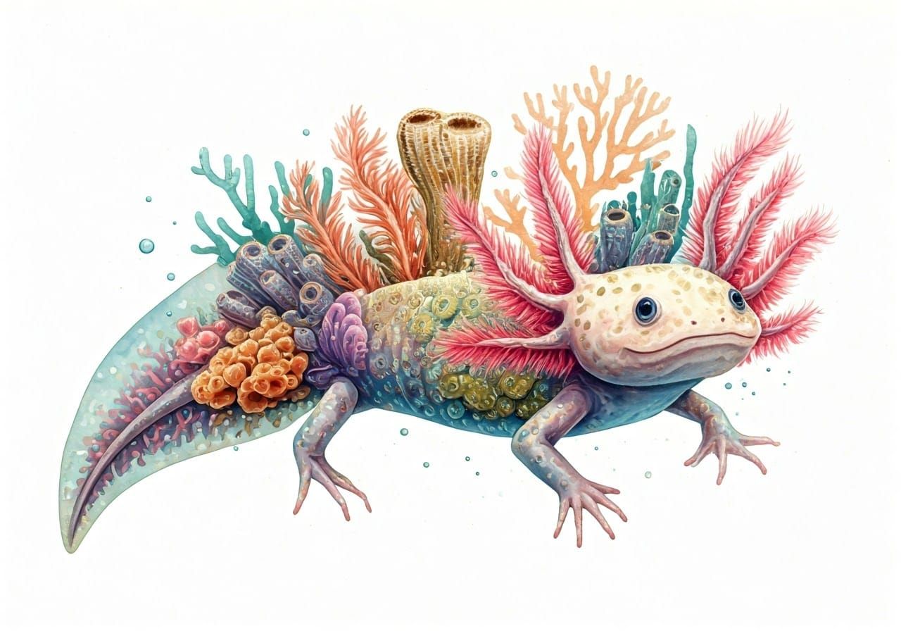 Coral Axolotl Watercolour  by @Doomblob