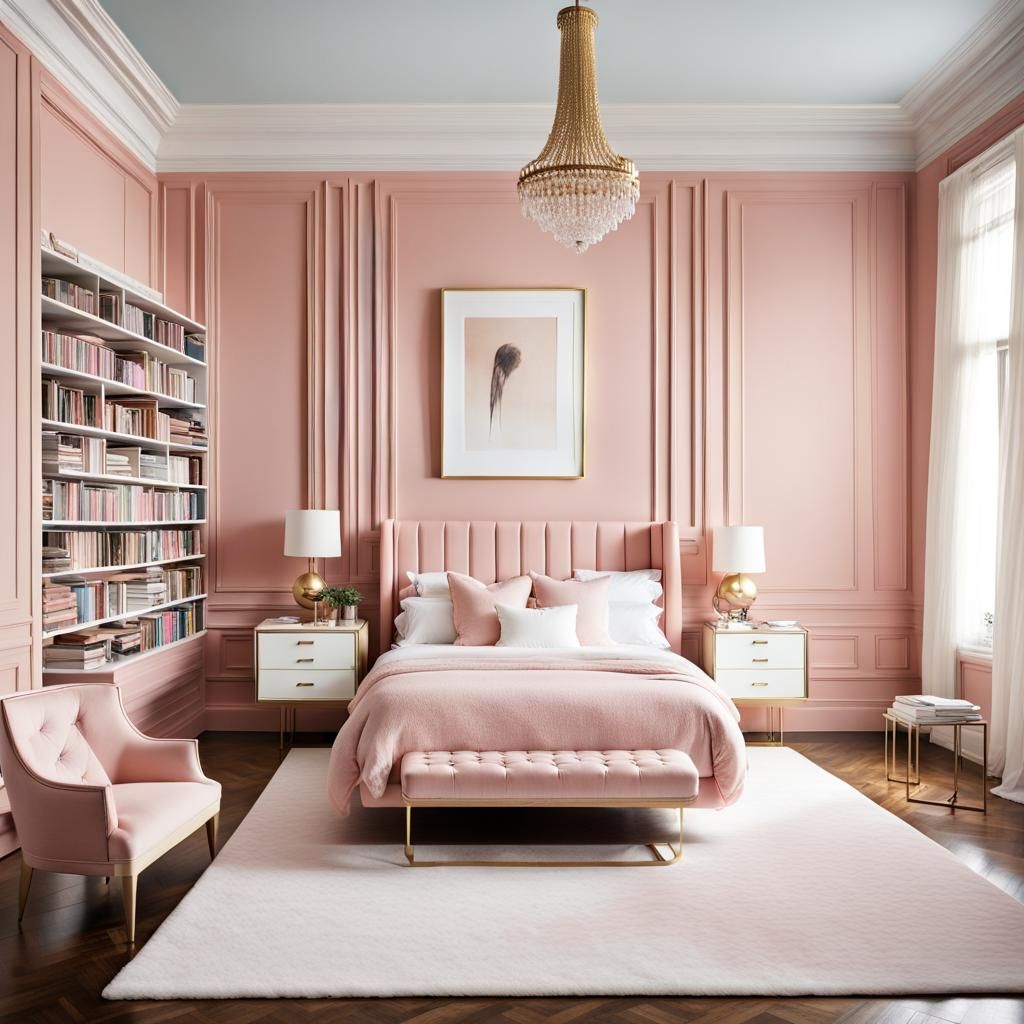 a rectangular room with pantone blush beauty colour painted walls with ...