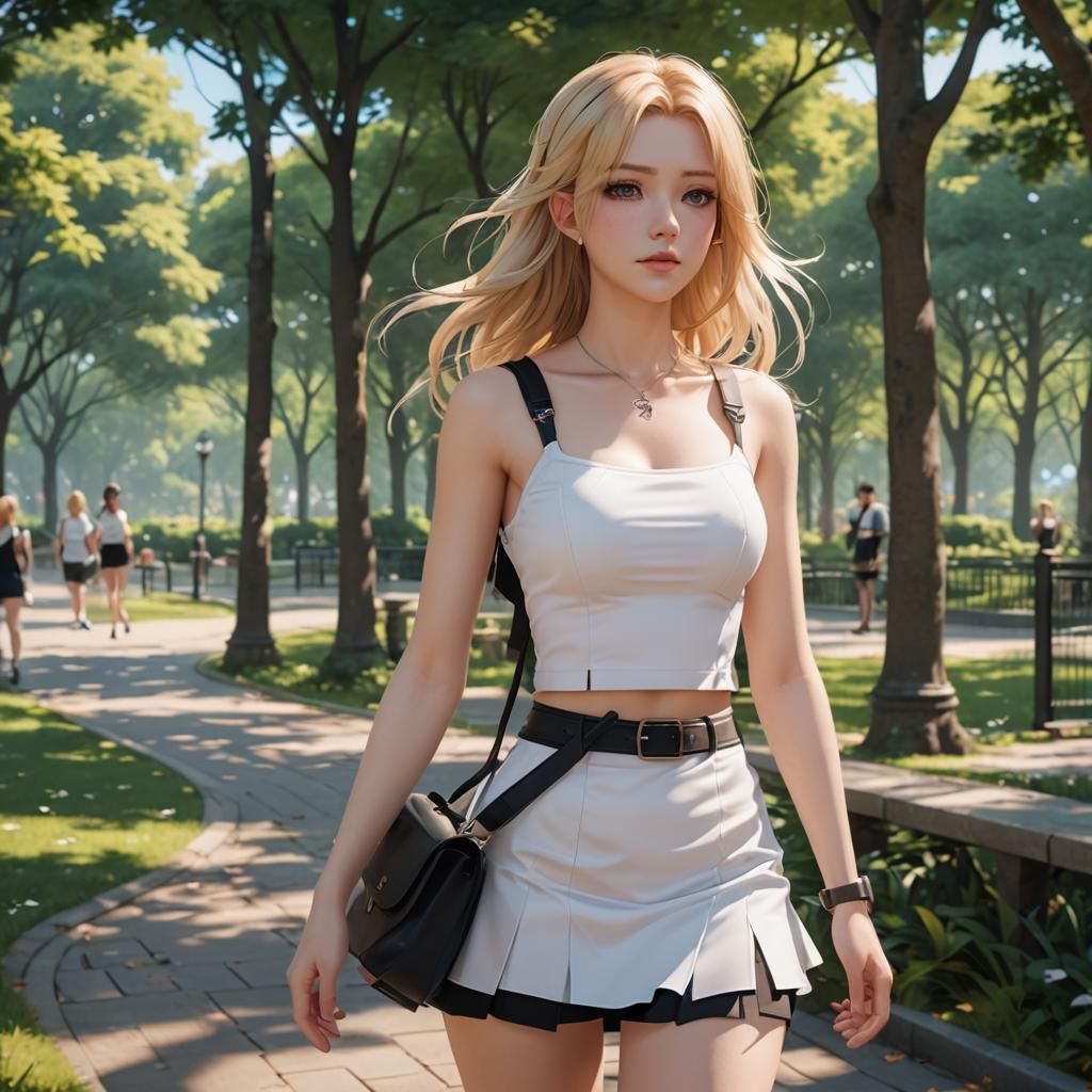 A long blonde-haired girl wearing a white sleeveless tube top and a short  black skirt walking at the park - AI Generated Artwork - NightCafe Creator