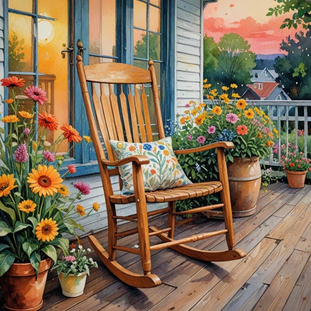 A wooden rocking chair on a front porch of the house at dusk. Flowers.Watercolor and ink brush strokes ...  by @Adriana