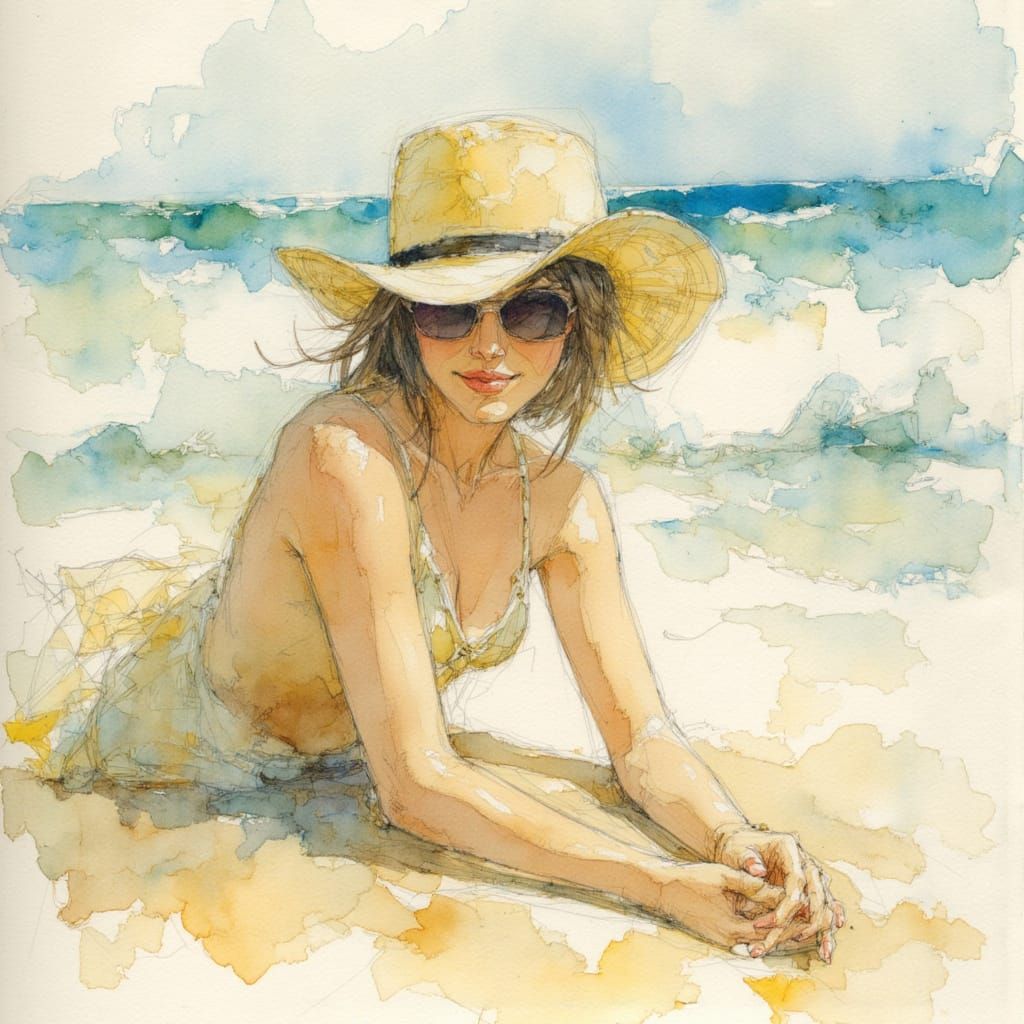 Watercolor painting, whimsical beach day, late afternoon, by Aubrey Beardsley, Mila Marquis. <lora:Earth and wash:1.0>