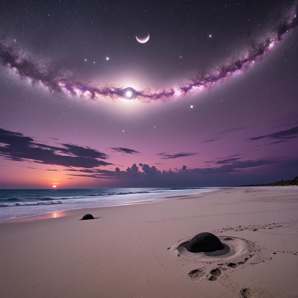 Purple exotic sky, white sandy beach