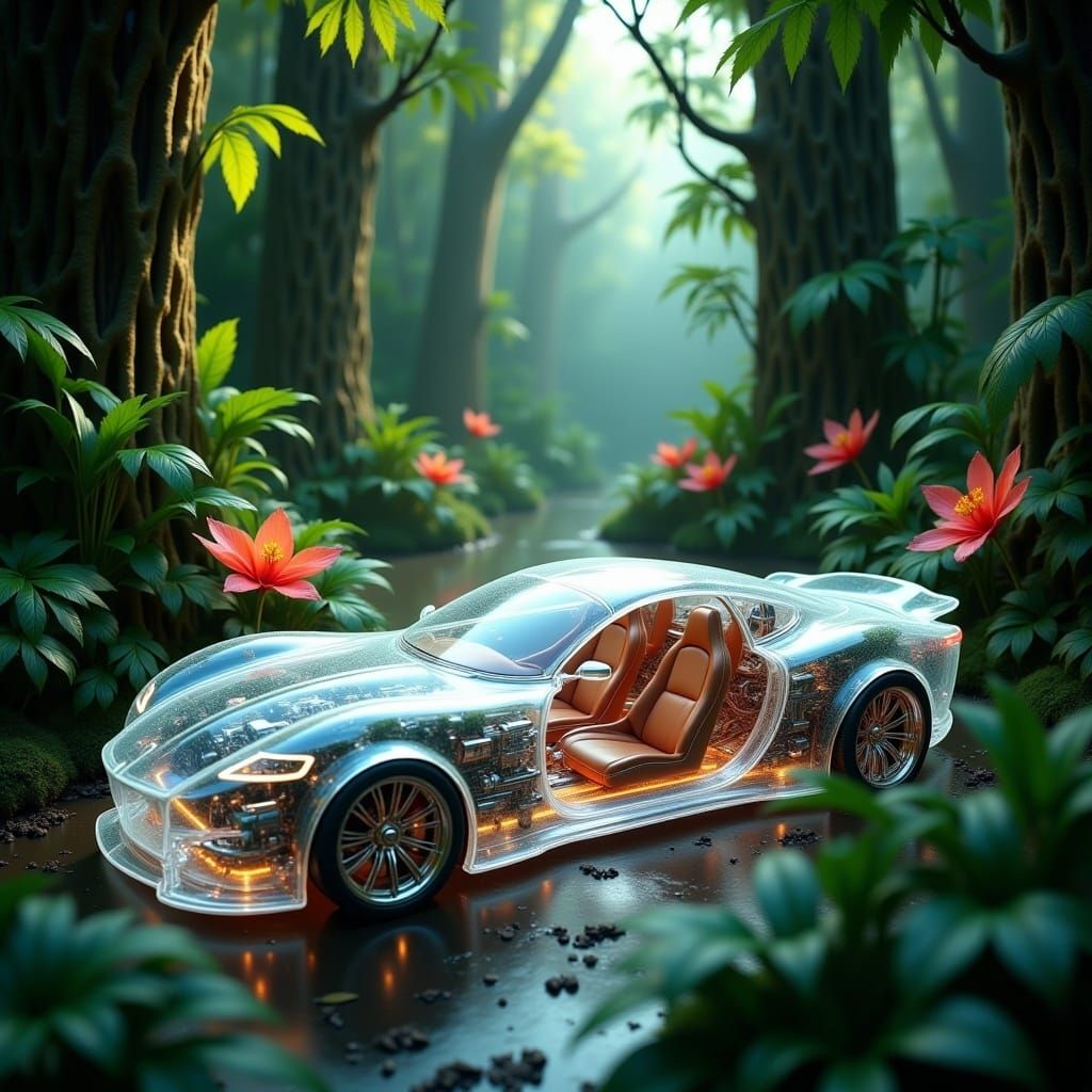 <lora:Transparent:1.0>A transparent sport car where you can see all the parts of the engine, seats, and every detail, with a silver iridesce...