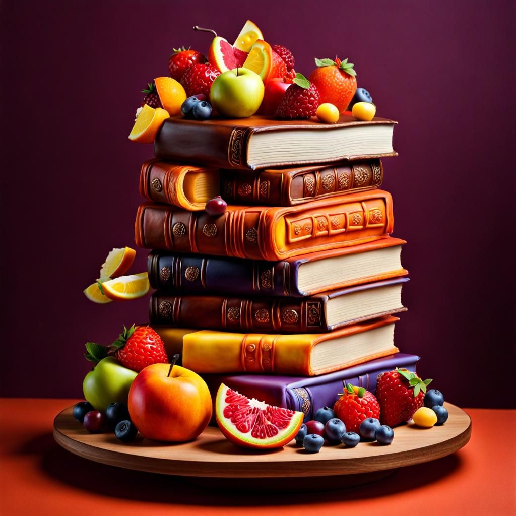 A stack of books as cake sculpture  by @Ursula