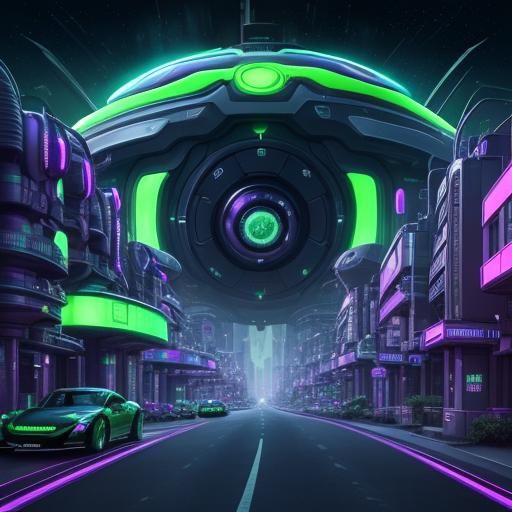 Futuristic city with neon green and purple signs on building...