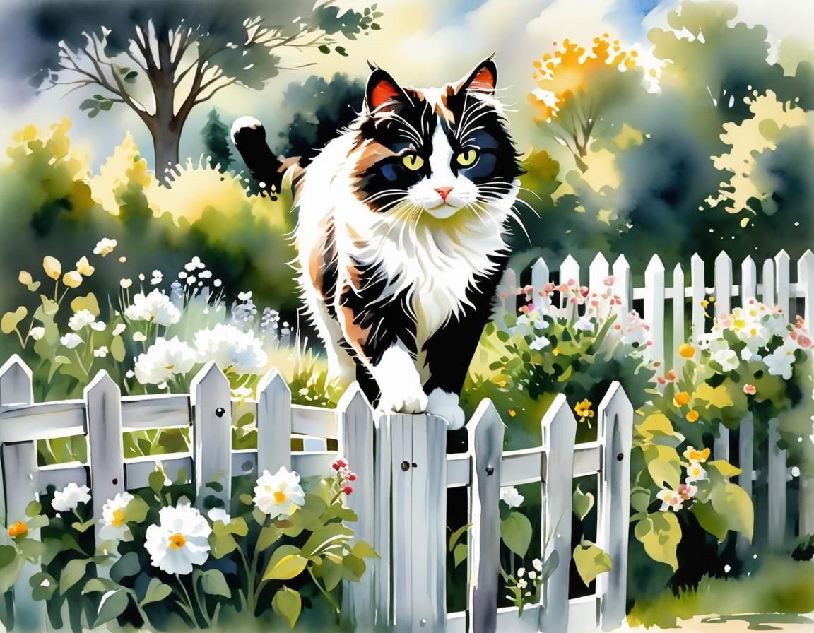 A black and white cat, long fur, walking over an white garde...