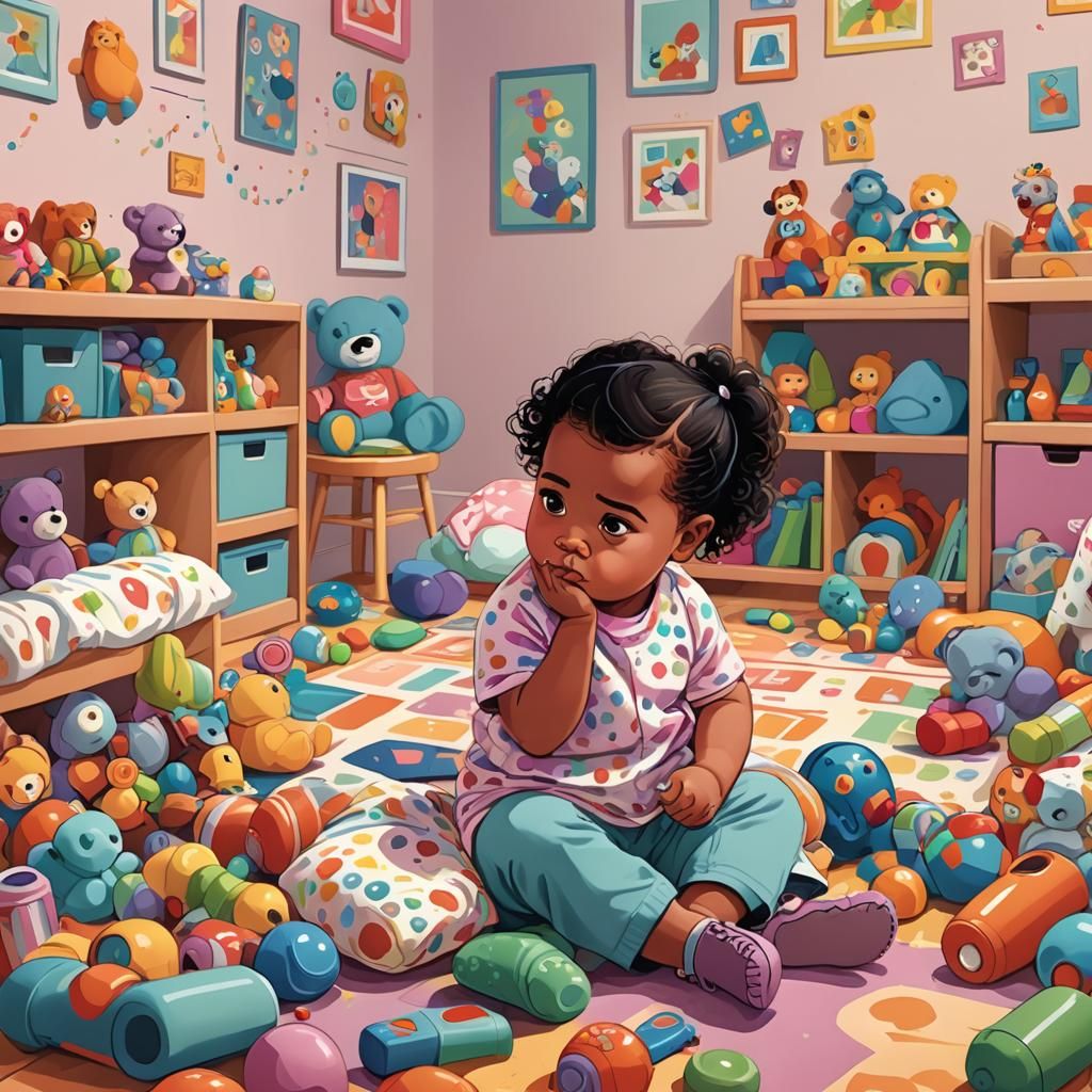 A cartoon-style illustration of a young 2-year-old girl, wit...