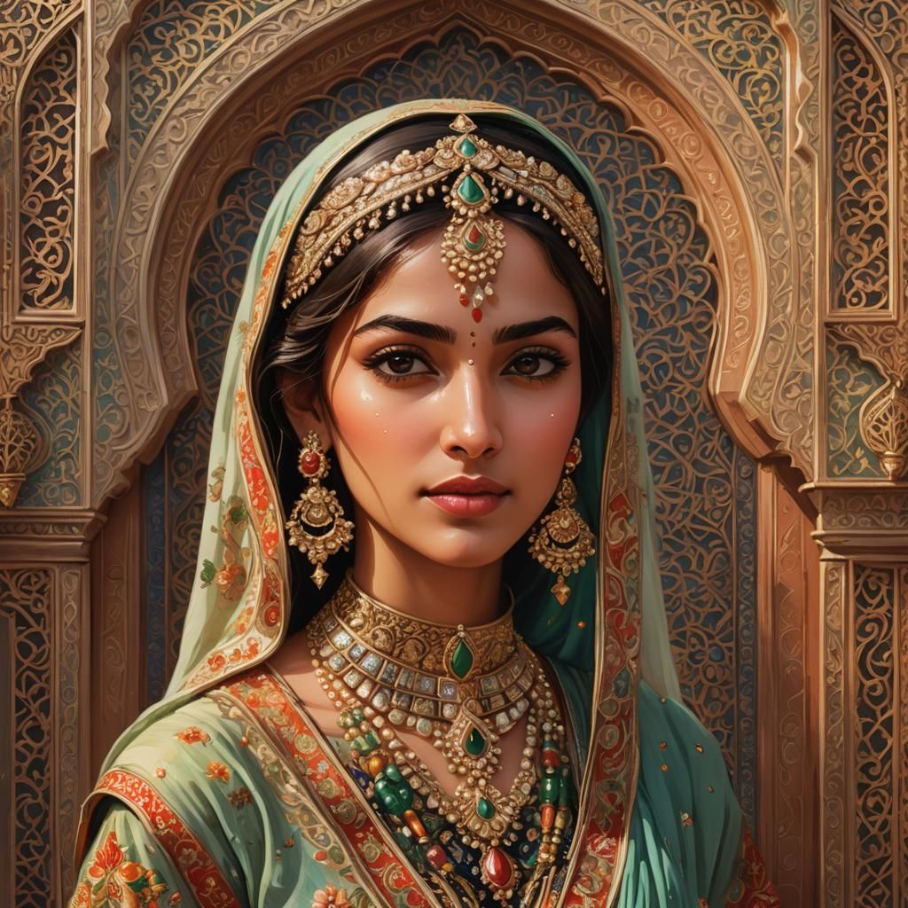 Muslim Girl in Mughal Miniature Style with Vibrant Colors