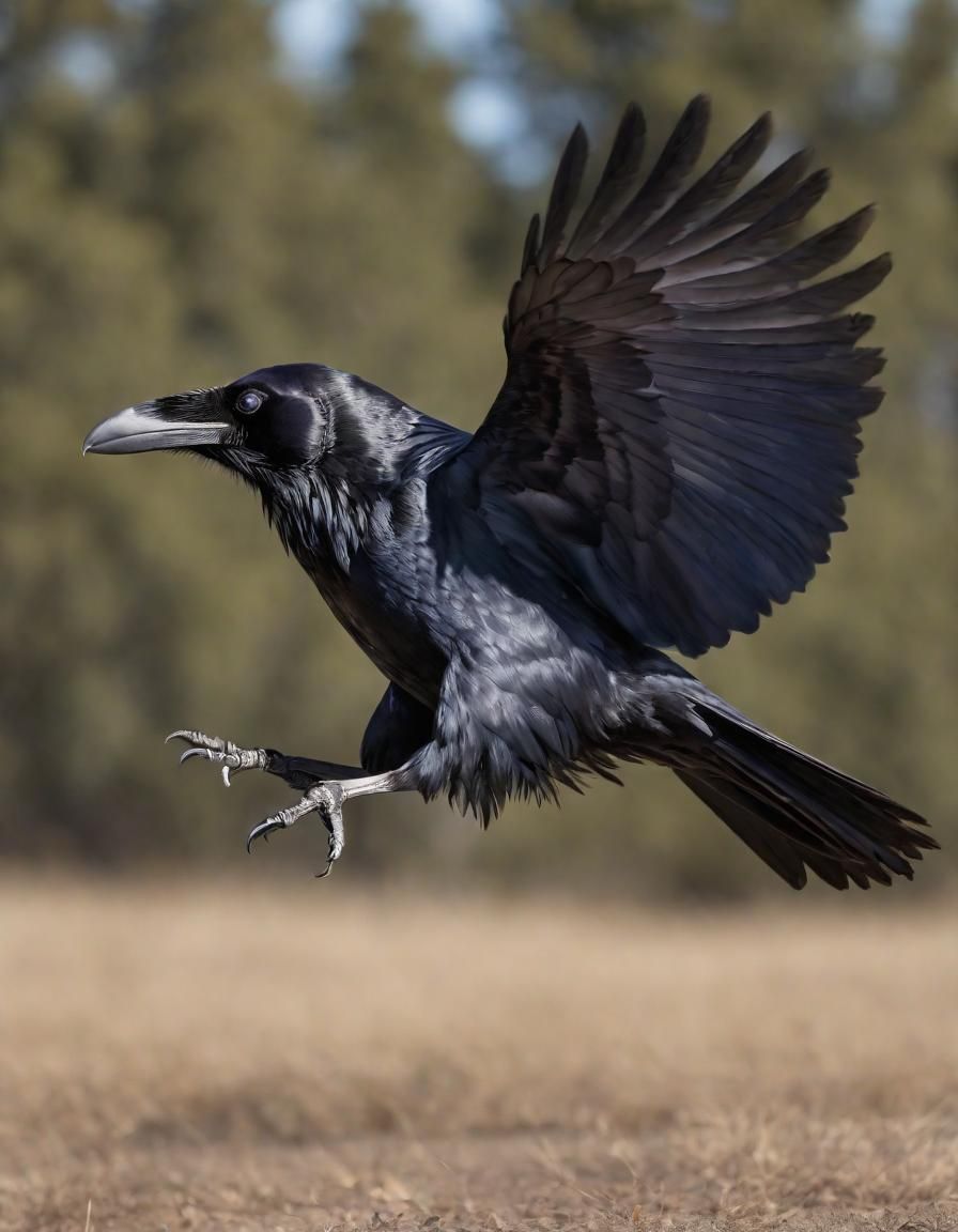 raven flying toward camera, full body