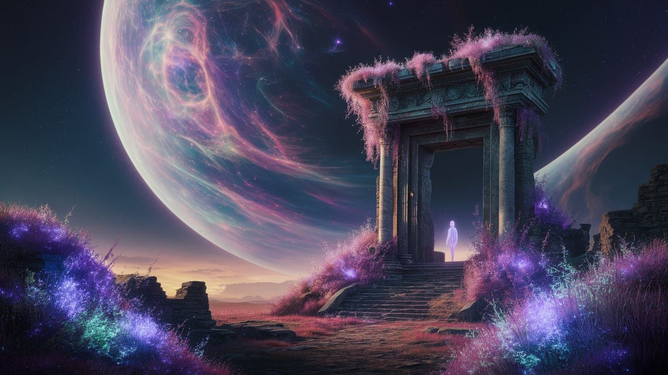 Vivid Surrealism. A colossal, ancient gateway overgrown with bioluminescent flora, standing at the edge ...  by @Kiwi99