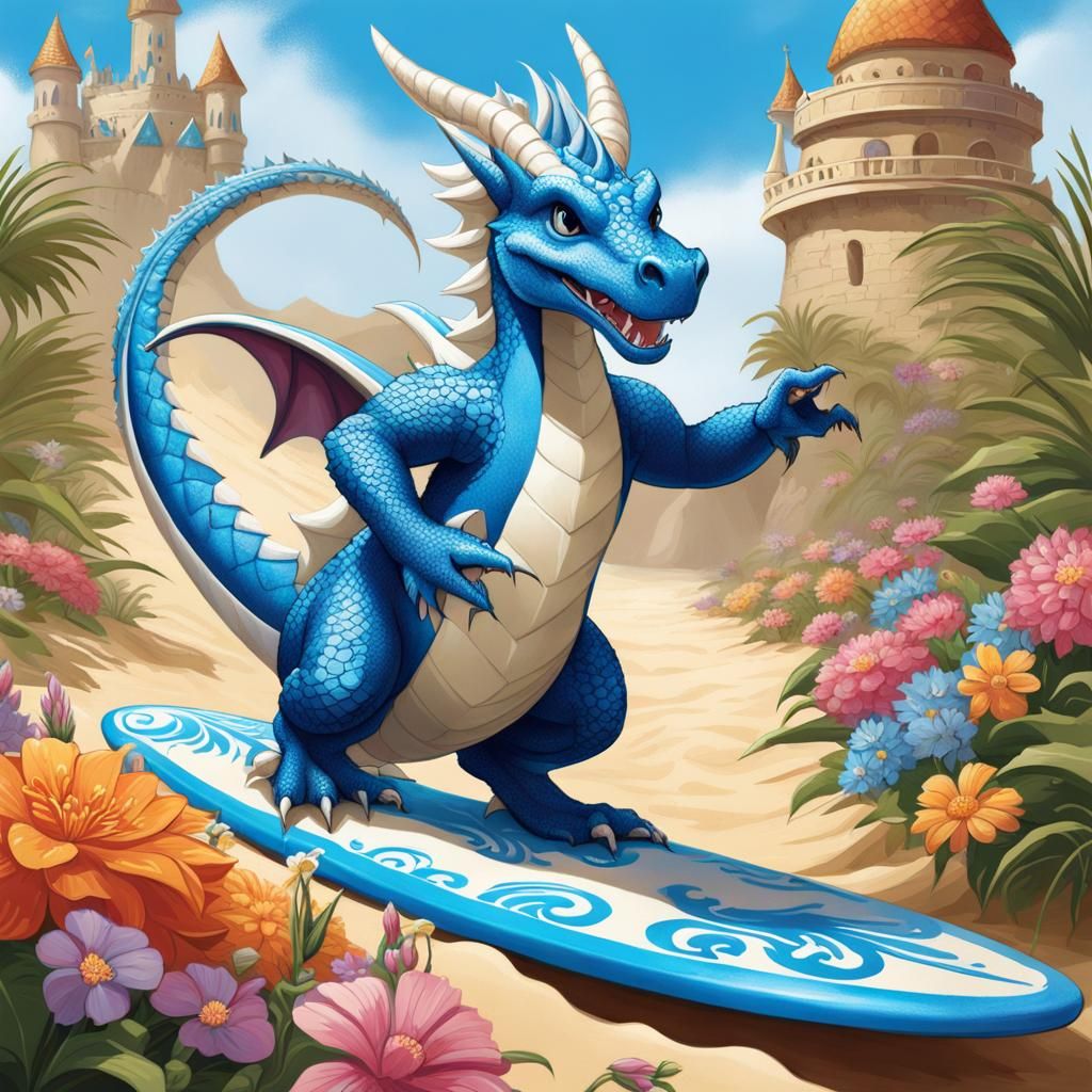 Surfer dragon and the sand castle 🌊