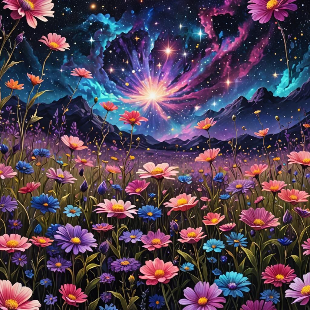 Create an image of a field of flowers in full bloom, each pe...