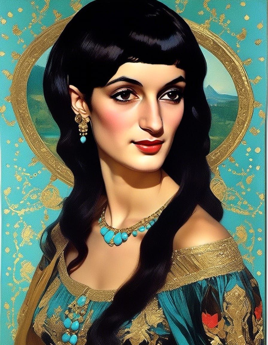 Mona Lisa smile side-parted hair, a painting of an exotic young woman ...