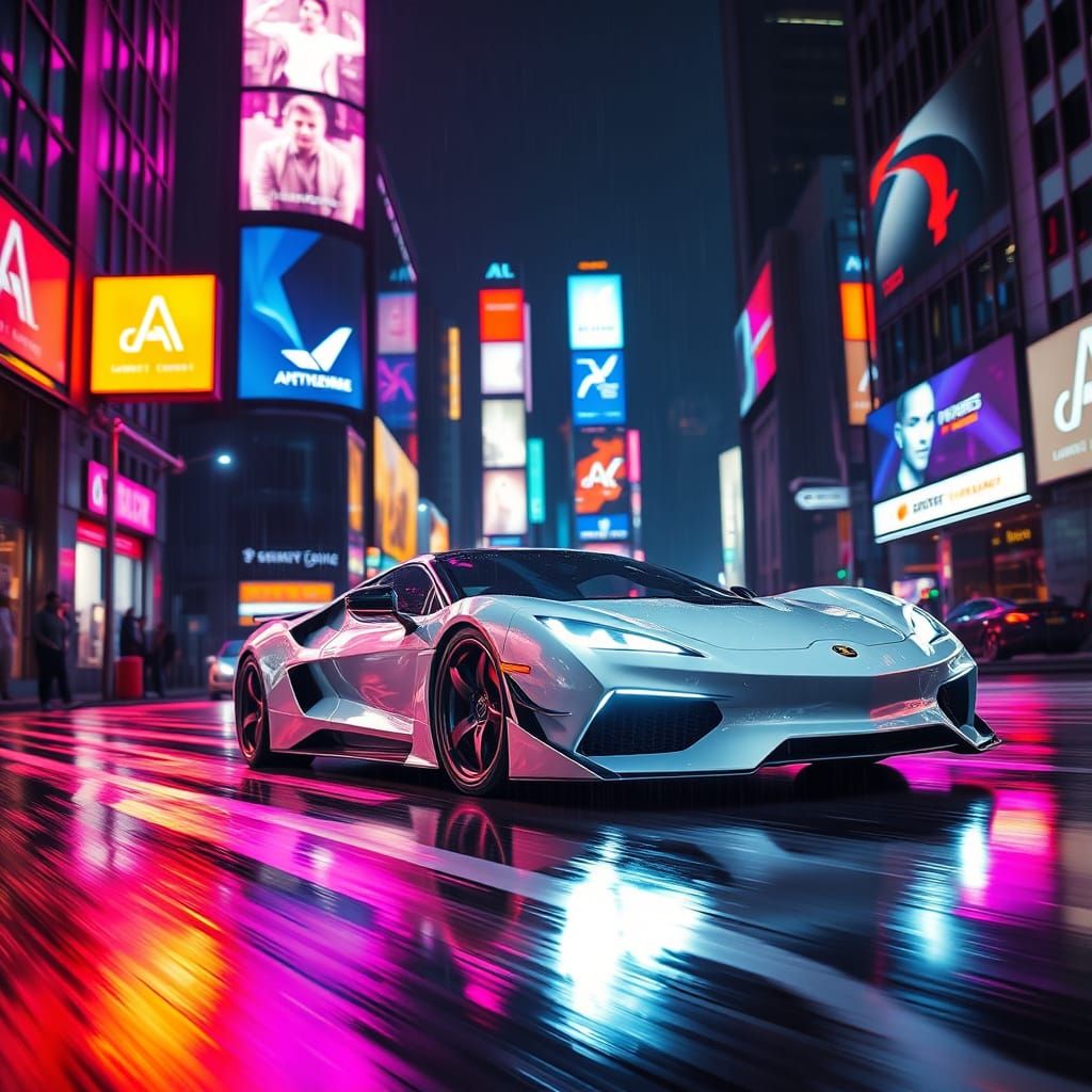 Futuristic Car in Neon City, Cyberpunk Digital Art