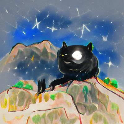 A black cat sitting on top of a mountain at night in front o...