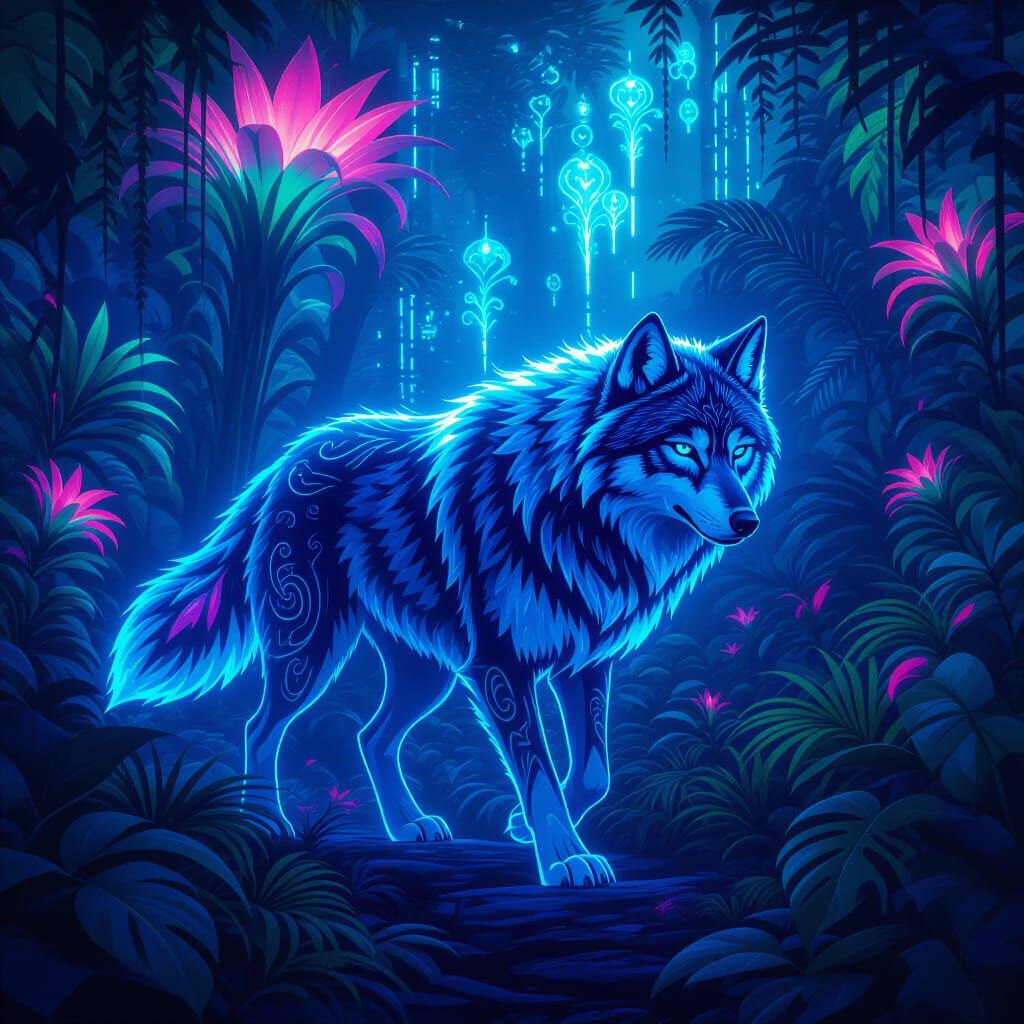Bioluminescent Wolf in Neon Jungle, Dark Fantasy Art
