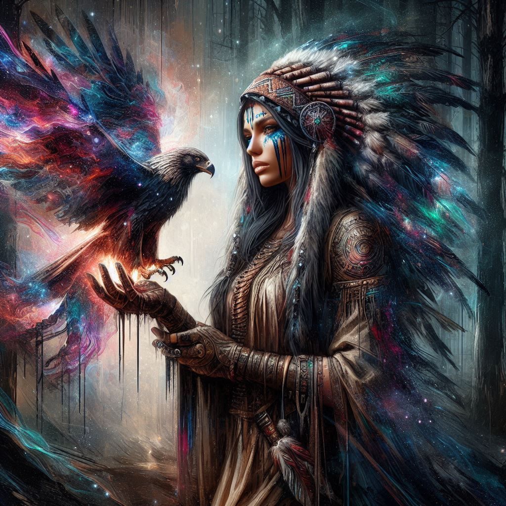 An american natived woman with majestic eagle