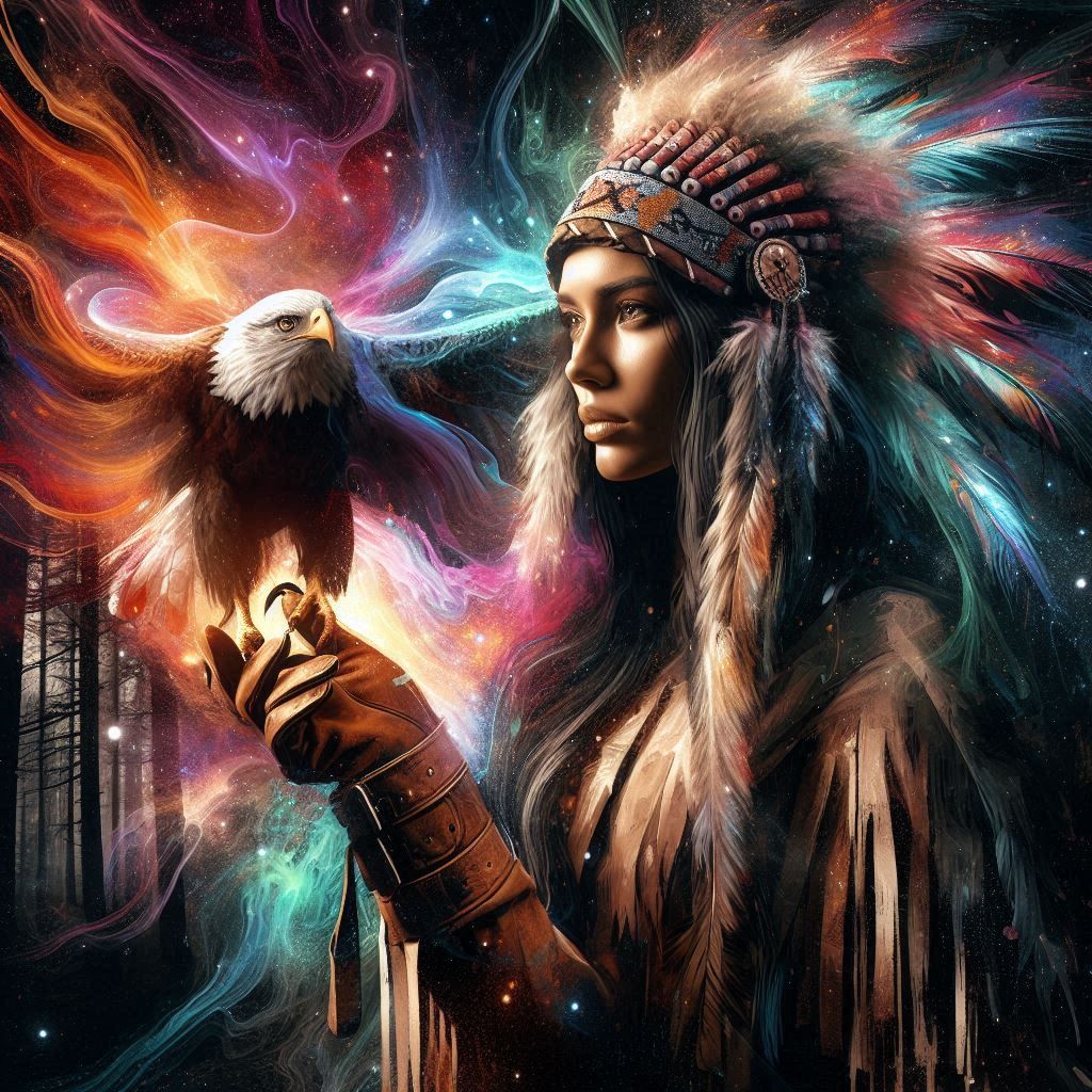 An american natived woman with majestic eagle