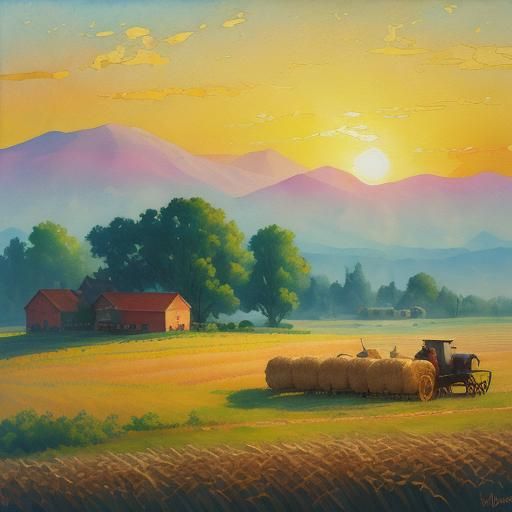 wheat picking morning farm in Gouache Style, Watercolor, Mus...