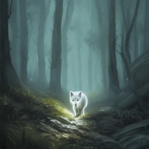 A small baby arctic fox wandering a forest at night