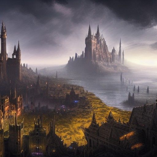 a high fantasy magic city with great towers made of black gl...