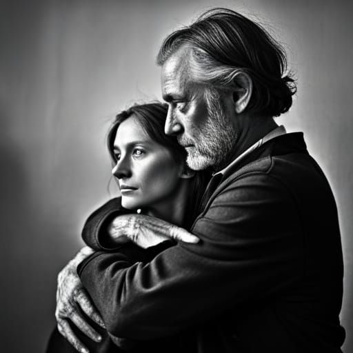a tender embrace between man and woman in black and white