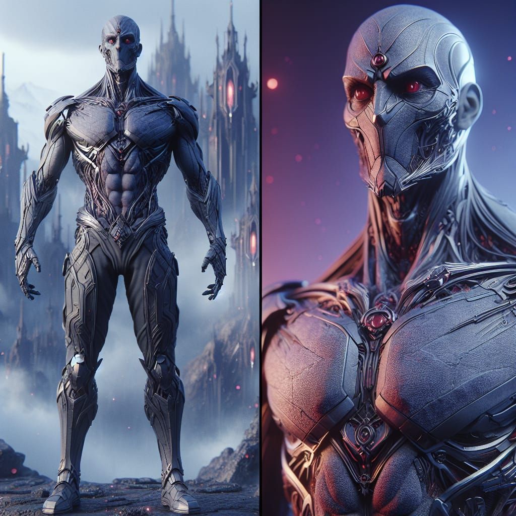 gray humanoid, tall, strong, red eyes, transform into differ...