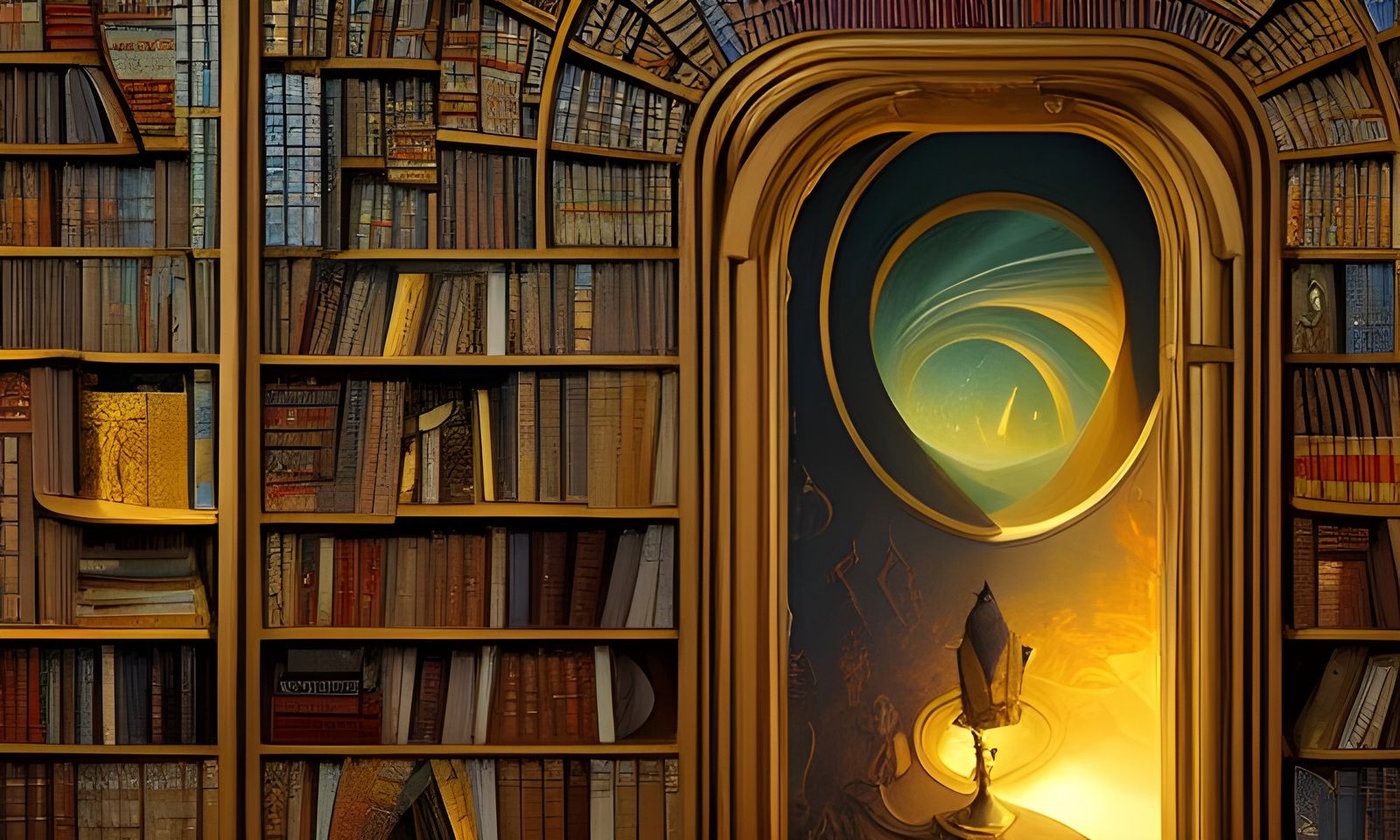 Surreal Bookshelf with Magical Doors, Art Nouveau