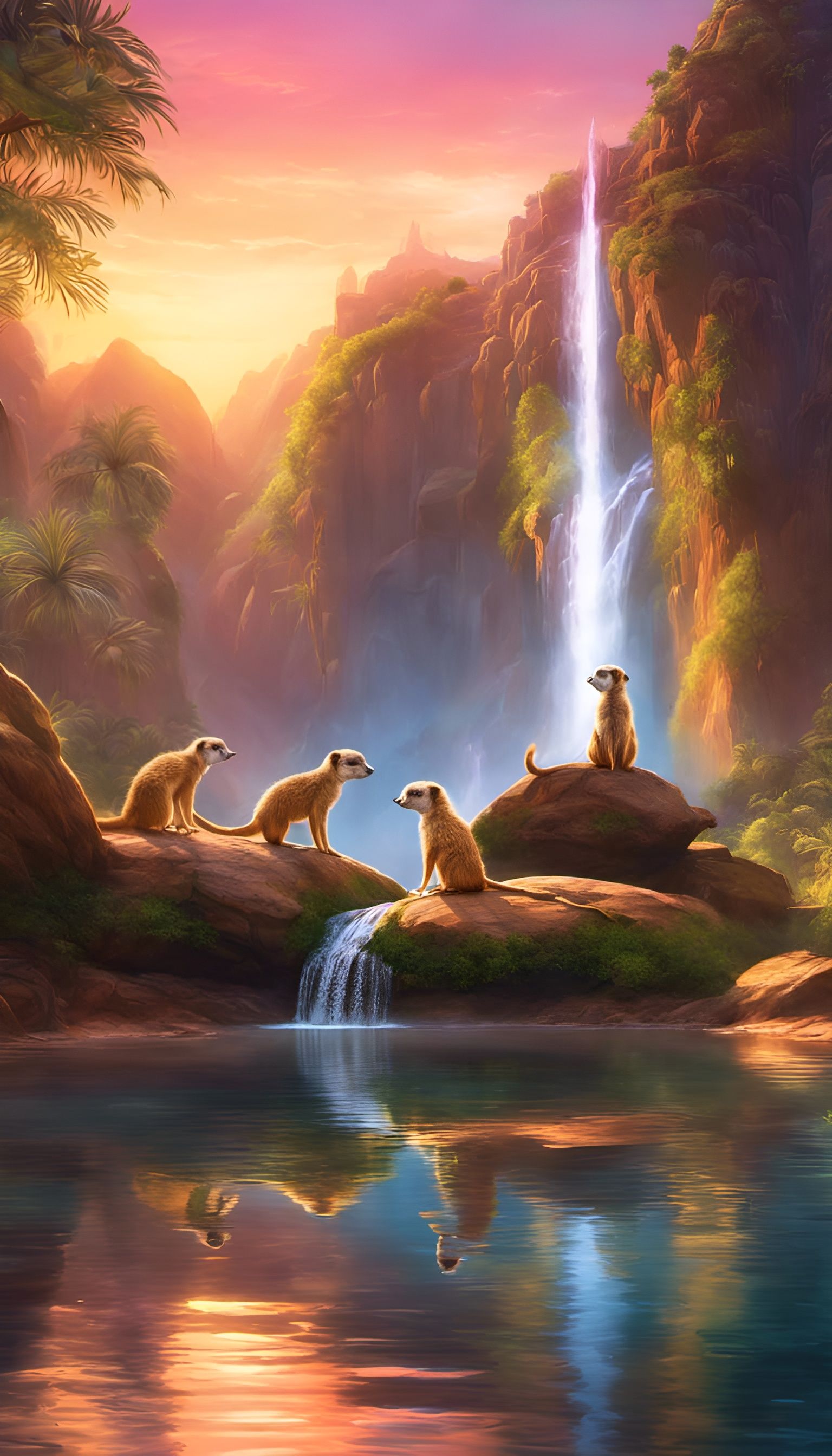 Meerkats Reflecting in Misty Waterfall at Sunset