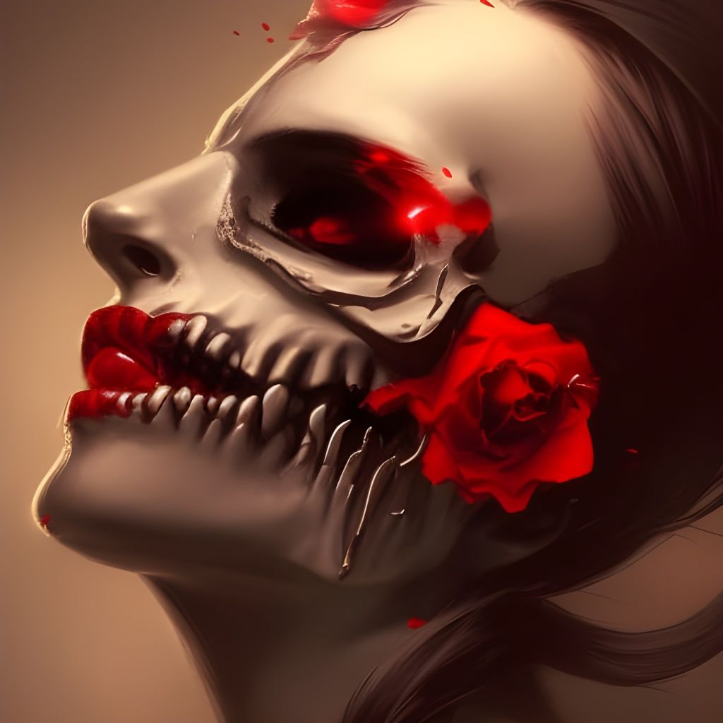 Detailed Red Skull with Black Flowers: Romantic Art