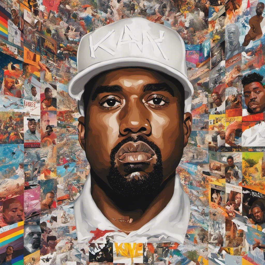 A mashup of all of kanye west’s previous album covers with “KANYE” written in bold white letters at the bottom