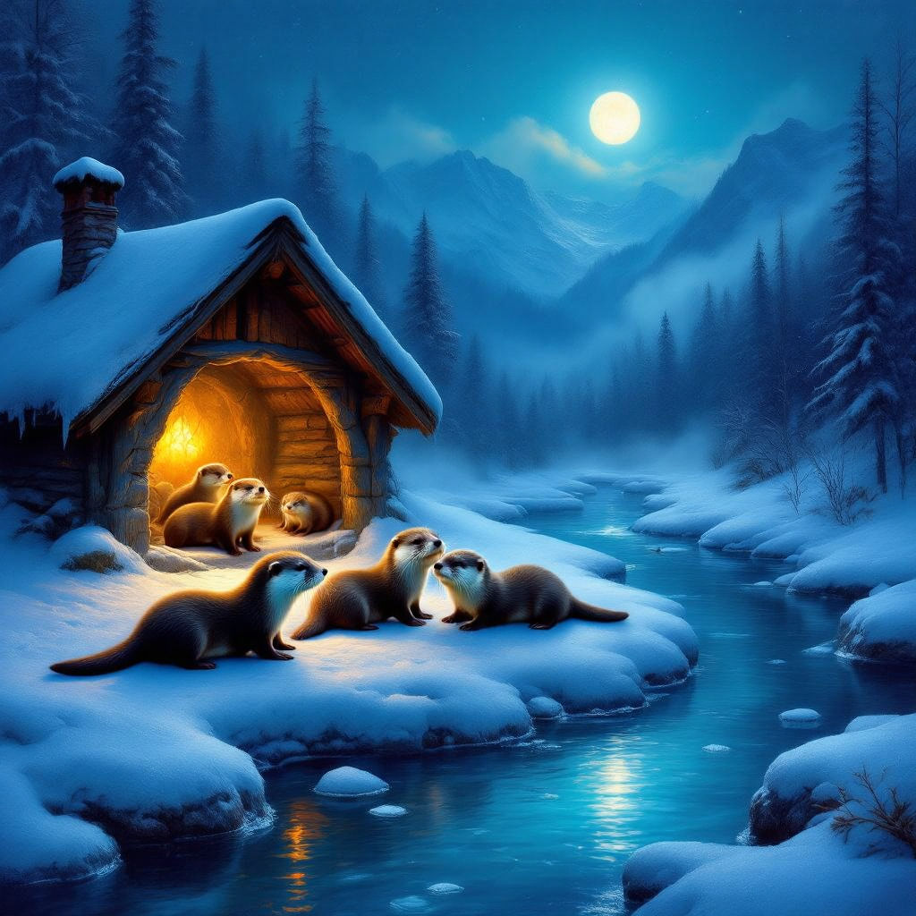 A den where a family of Otters are playing