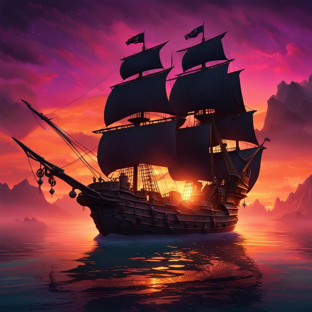 create the black pearl floating in the ocean against the sun...
