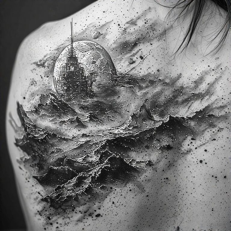 Double exposure Mars landing tattoo sheet on model.