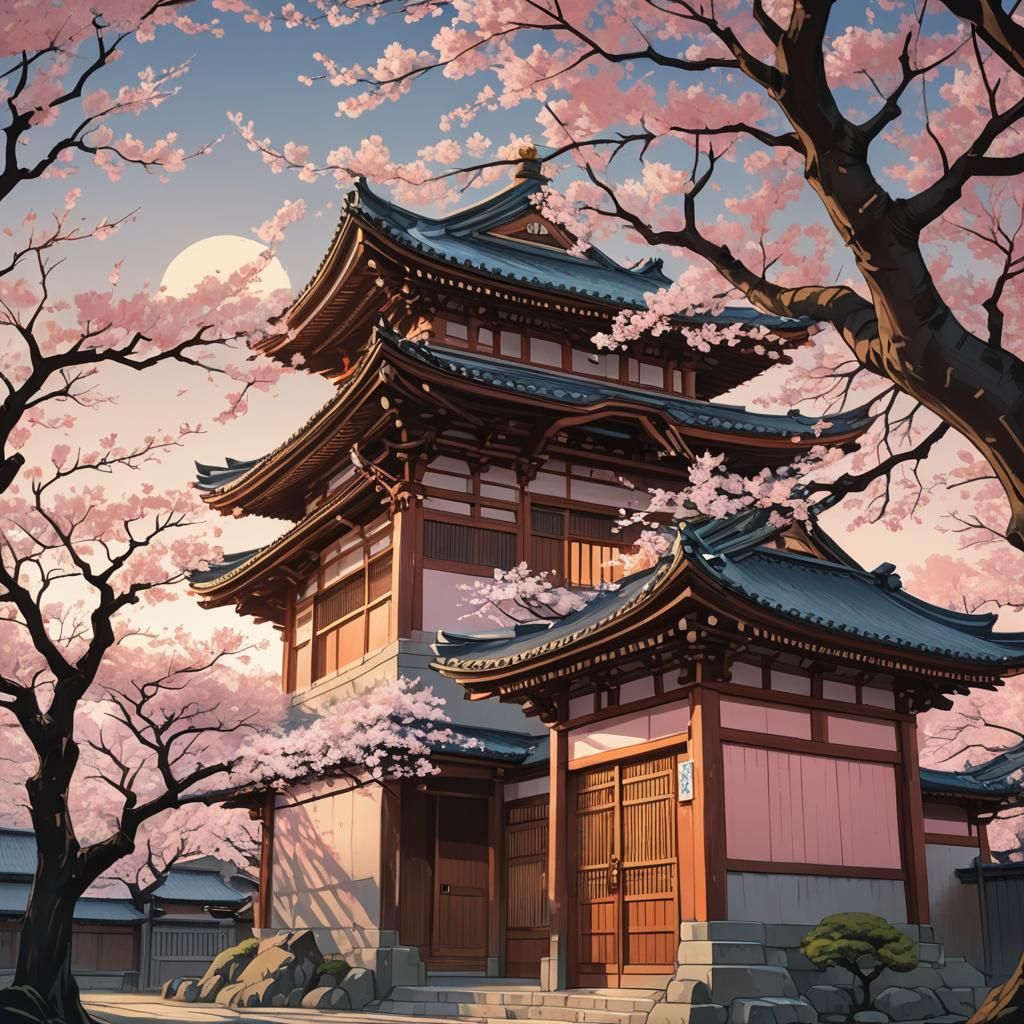 Cherry Blossom Temple in Ukiyo-e Anime Style